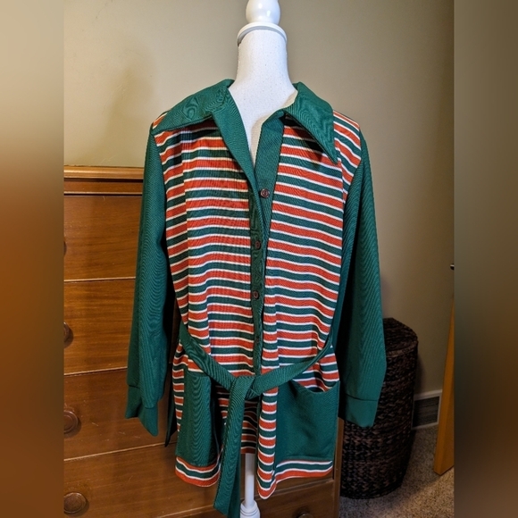 Vintage M'Lady Striped Poly Belted Holiday Lounge Smoking Jacket  - Blokecore - Picture 1 of 13